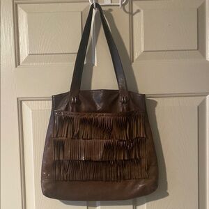 Oscar de la Renta Top Double Strap Leather Tote Bag with Fringe